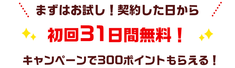 まずはお試し！契約した日から 初回31日間無料！ キャンペーンで300ポイントもらえる！