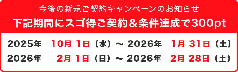 下記期間にスゴ得ご契約&条件達成で300pt 2025年10月1日(水)~2026年1月31日(土) 2026年2月1日(日)~2026年2月28日(土)
