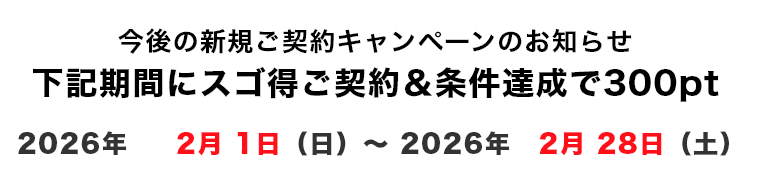 下記期間にスゴ得ご契約&条件達成で300pt 2026年2月1日(日)~2026年2月28日(土)