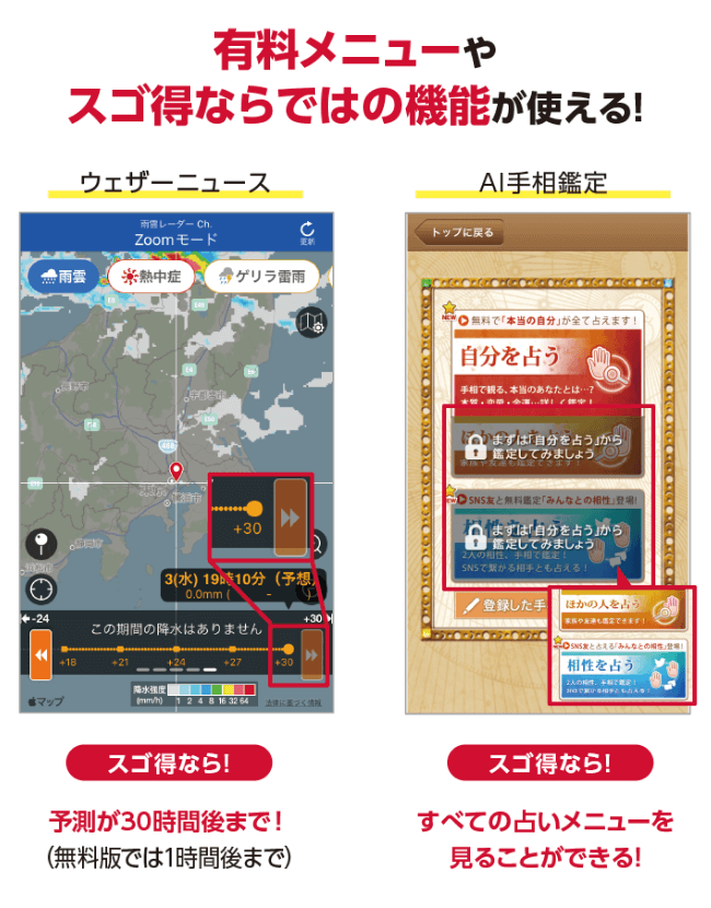 有料メニューやスゴ得ならではの機能が使える！